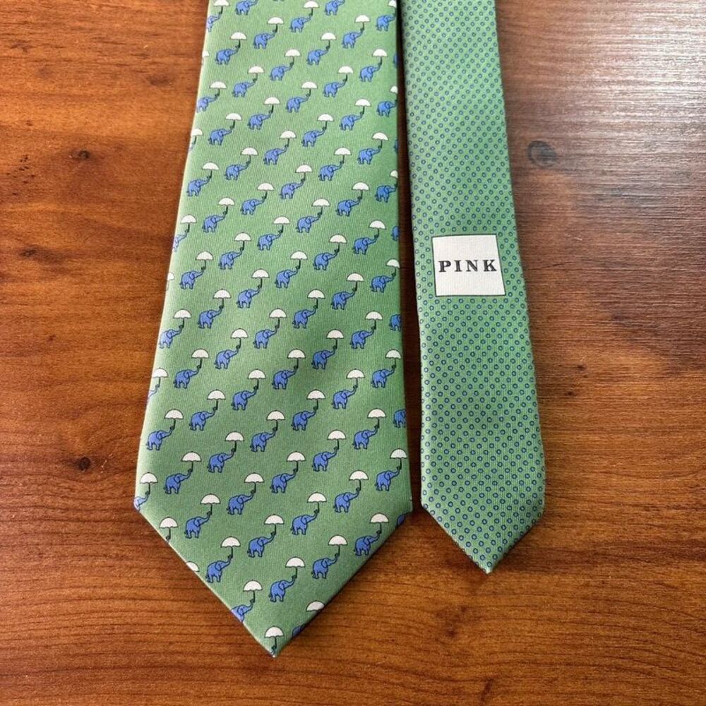 Thomas Pink Jermyn Street London Men's Silk Tie Green Blue Elephant Umbrella